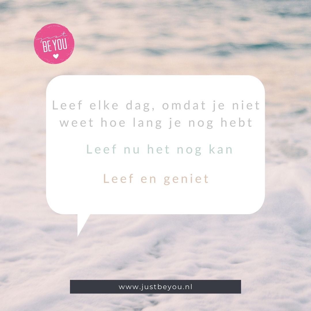 Leef elke dag, omdat je niet weet hoe lang je nog hebt.  Leef nu het nog kan. Leef en geniet.